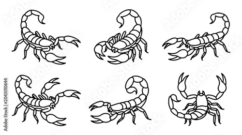 Cuadro en lienzo Black scorpion line art collection, 6 arachnid vector icons with stingers and cl