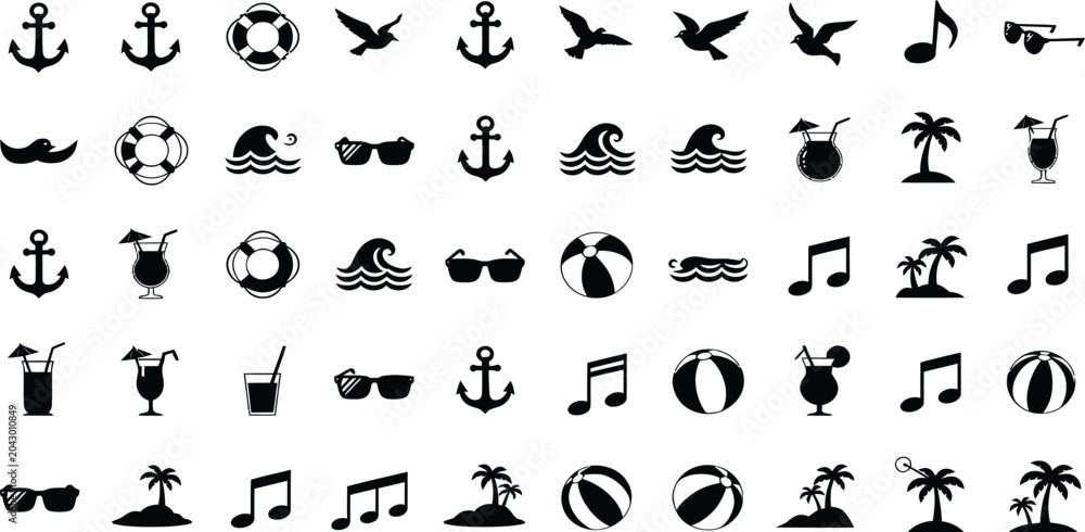 Naklejka premium Icons representing summer vacation activities and nautical symbols are arranged in a organized grid pattern.