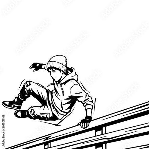 Black and White Parkour Vector Illustration – Urban Free Running Athlete Vaulting Over Obstacle, Line Art Graphic Stencil