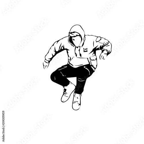 Black and White Parkour Vector Illustration – Urban Free Running Athlete Vaulting Over Obstacle, Line Art Graphic Stencil