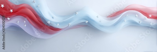 Modern fourth of july abstract patriotic ribbon background with layered red white and blue waves and scattered stars for website hero banner design