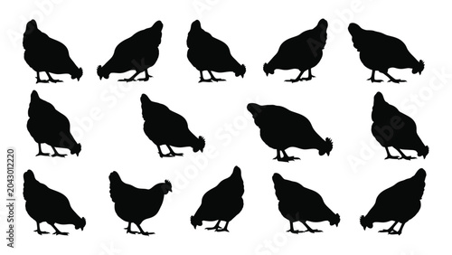 Schilderij op canvas A collection of black chicken silhouettes in various foraging poses against a wh