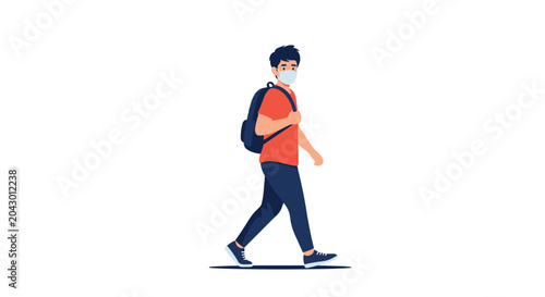 Young man wearing a face mask walks forward with a backpack while commuting during the pandemic or urban travel scenario.
