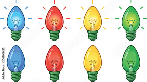 Colorful Christmas Light Bulb Set Blue Red Yellow Green Glowing Festive Holiday Decoration Vector Illustration