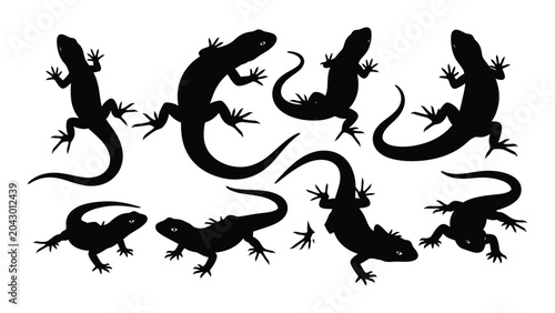 Tableau sur toile A Collection Of Lizard Silhouettes In Various Poses A Black And White Graphic Si
