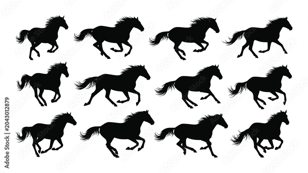Obraz premium Collection Of Running Horses In Various Poses Black Vector Silhouette horse equine equines galloping trotting prancing mane tail animal animals