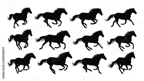 Obraz na płótnie Collection Of Running Horses In Various Poses Black Vector Silhouette horse equi