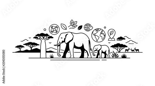 Photography African Elephants, Baobab Trees, Nature Icons