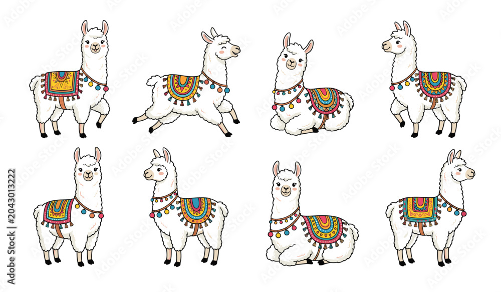 Naklejka premium Cute llama vector character set. Alpaca, sitting, standing, running, traditional colorful saddles, fluffy white wool, animal mascots and nursery design elements.