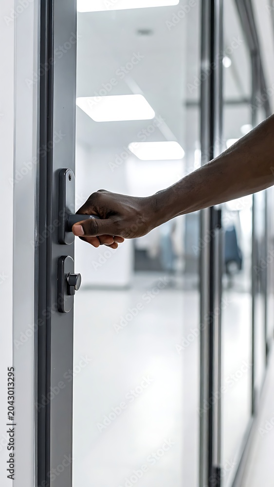 Naklejka premium A person's arm reaching for a door handle in a modern hallway