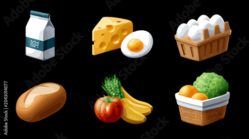 Foto Collection Of Food Icons Milk Cheese Eggs Bread Fruit And Vegetables On Black Ba
