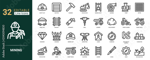 Foto Mining linear icons set featuring miner, hammer, dump truck, safety hat, gear, reclamation, sifter and diamond symbols