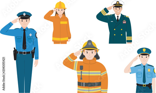 Obraz na płótnie Six diverse emergency and military service personnel in distinctive uniforms and