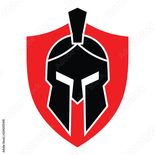 Cuadro en lienzo Spartan warrior helmet on red shield logo symbol icon graphic design element ico