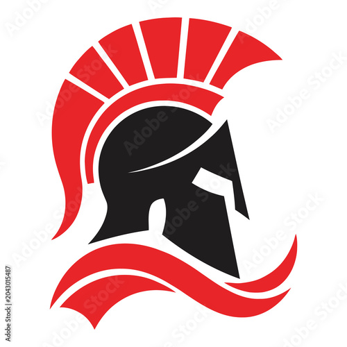 Spartan warrior helmet with red crest and plume profile view icon