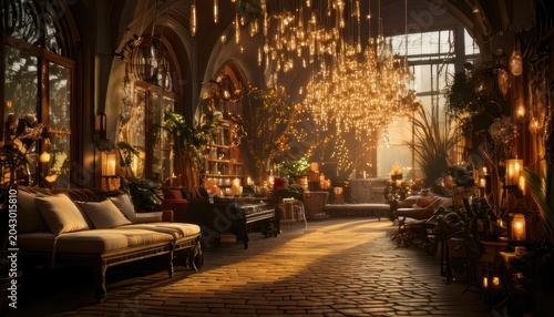 Enchanting Conservatory Filled with Lush Greenery and Warm Golden Light.