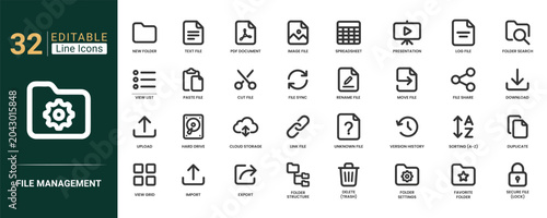 Photos File management linear icons set featuring new folder, text file, view list, upload, export and import symbols