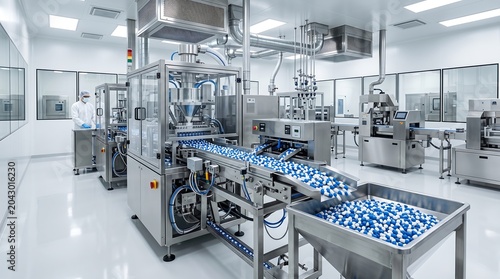 Pharmaceutical manufacturing facility with machine producing blue and white capsules on a conveyor belt.