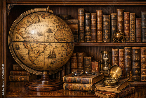 The image depicts an old-fashioned library setting with a vintage globe at its center, surrounded by antique books of various sizes. The wooden shelves in the background are lined with classic
