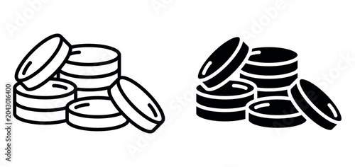 Coin piles vector icon set in outline and silhouette styles isolated on white background