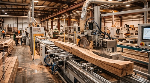 Industrial woodworking factory with automated machinery cutting a large wooden beam, surrounded by workers and equipment.