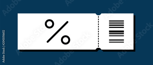 Discount coupon ticket vector icon with percentage sign and barcode on dark blue background