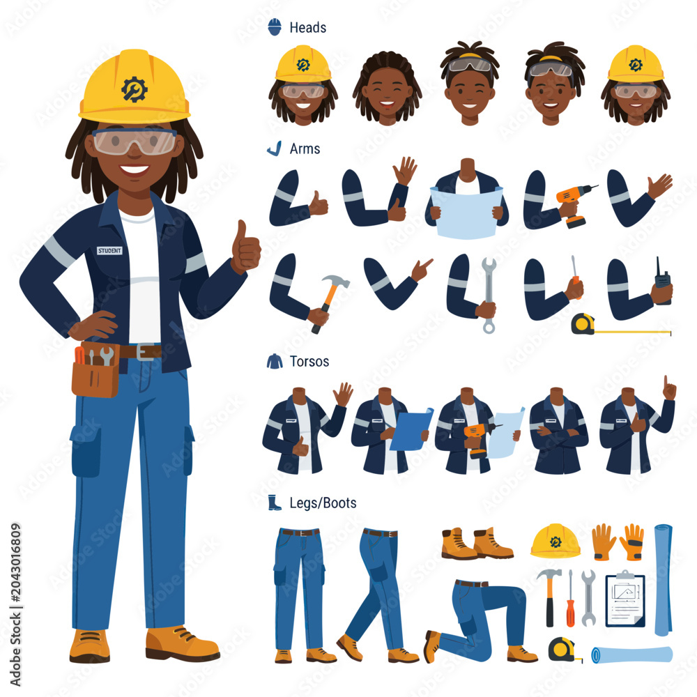 Fototapeta premium Female Construction Worker Character Builder Kit - Vector Illustration