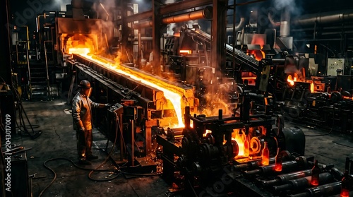 Industrial worker operating machine with glowing molten metal in a factory setting at night.