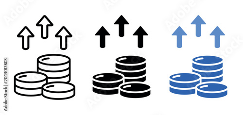Coin stacks with upward arrows financial growth icon set in different graphic styles isolated on white background