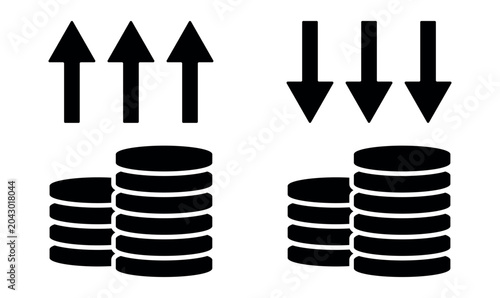 Financial growth and decrease vector icon set with coin stacks and arrows isolated on white background