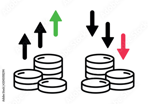 Financial profit and loss line icon set with coin stacks and colored arrows isolated on white background