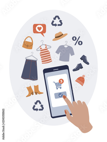 Second-hand clothing marketplace and sustainable fashion mobile app vector illustration.