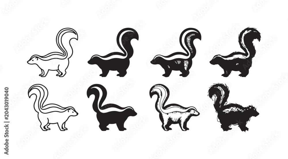 Obraz premium Eight black and white skunk icons with raised tails, presented in four distinct artistic styles across two rows: outline, solid silhouette, detailed line art, and textured hand-drawn sketch.