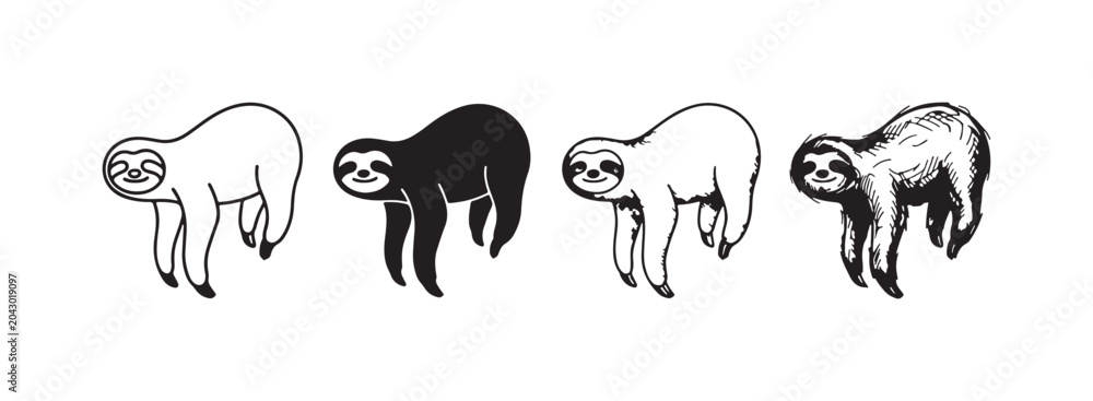 Fototapeta premium Sloth standing on all fours, facing left, in various black and white drawing styles