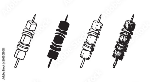 Photos Set of four illustrations depicting a flavorful shish kebab or food skewer, rendered in distinct artistic styles: line art, silhouette, etching, and doodle sketch