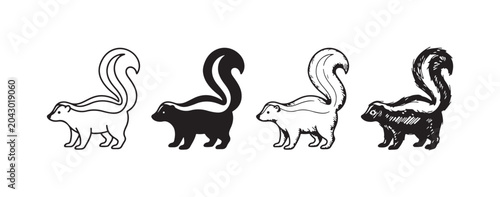 Foto Collection of four black and white skunk icons with raised, curved tails, rendered in diverse artistic styles: crisp outline, bold silhouette, refined line drawing, and expressive sketch