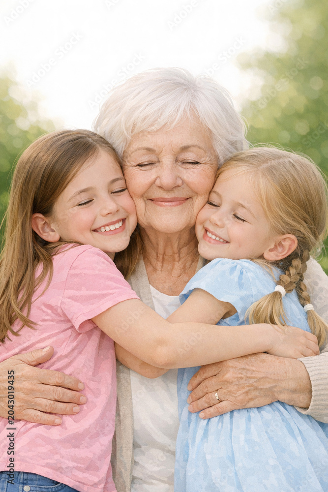 Fototapeta premium A warm family moment captured in a photograph. An elderly woman with white hair is lovingly embraced by two young girls, both smiling and looking up at the camera. Their joy radiates as they share