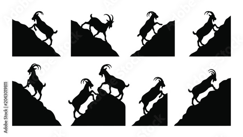 Foto Mountain goats climbing rocky terrain in a repeating pattern black and white sil