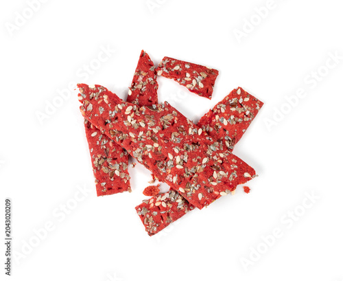 Bild auf Leinwand Beetroot crackers, thin rusk beet root bread, red diet multigrain crispbread, va