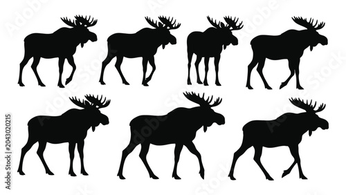 Quadro em tela Multiple moose silhouettes in various poses against a white background a wildlif