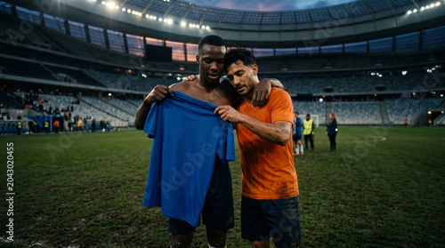 Soccer players exchanging jerseys and embracing on pitch after football match