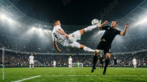 A dynamic dynamic action shot of a football player in a white jersey performing an acrobatic overhead bicycle kick in mid-air