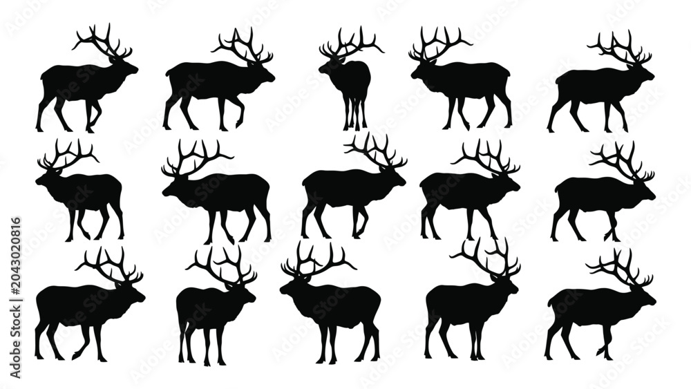 Fototapeta premium Collection of elk silhouettes in various poses a black and white graphic illustration silhouette deer stag bull wapiti cervidae antlers
