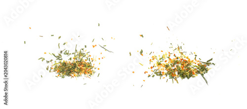 Dried vegetable mix isolated. Dehydrated greens, onion, carrot pieces, seasoning chips, flakes