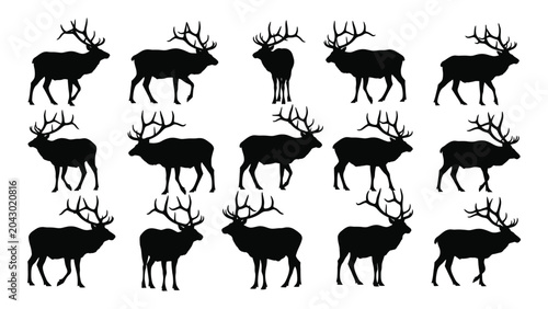 Obraz na plátně Collection of elk silhouettes in various poses a black and white graphic illustr
