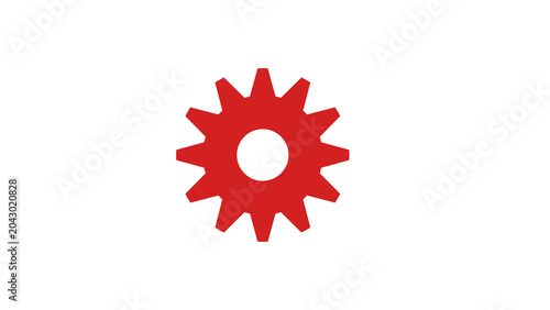 Features a solid red, symmetrical gear or cog icon with a hollow circular center, perfectly positioned on a plain white background.