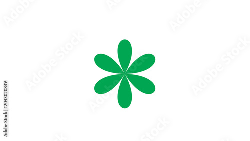 Features a solid green, symmetrical six-petaled flower or asterisk-like icon centered on a plain white background.
