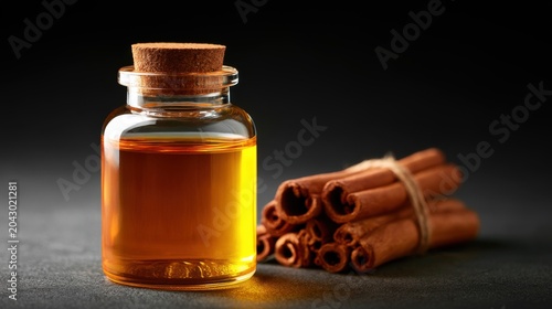 Cinnamon essential oil in glass bottle with cinnamon sticks on black background
