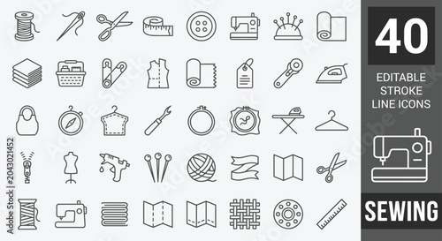 Quadro su tela Line and editable sewing icon set featuring needle, thread, scissors, button, and fabric