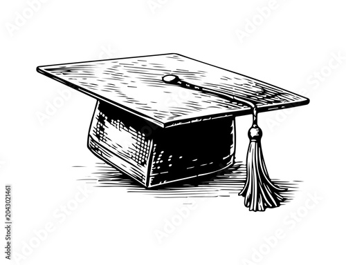 Simple hand drawn graduation cap sketch, engraved education illustration clip art.